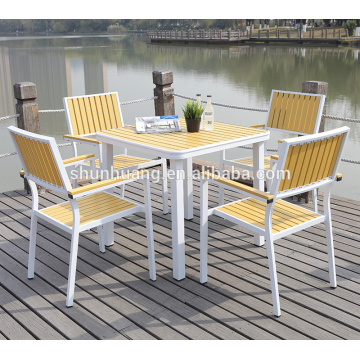 Leisure outdoor patio furniture aluminum frame plastic wood material dining table and chair set